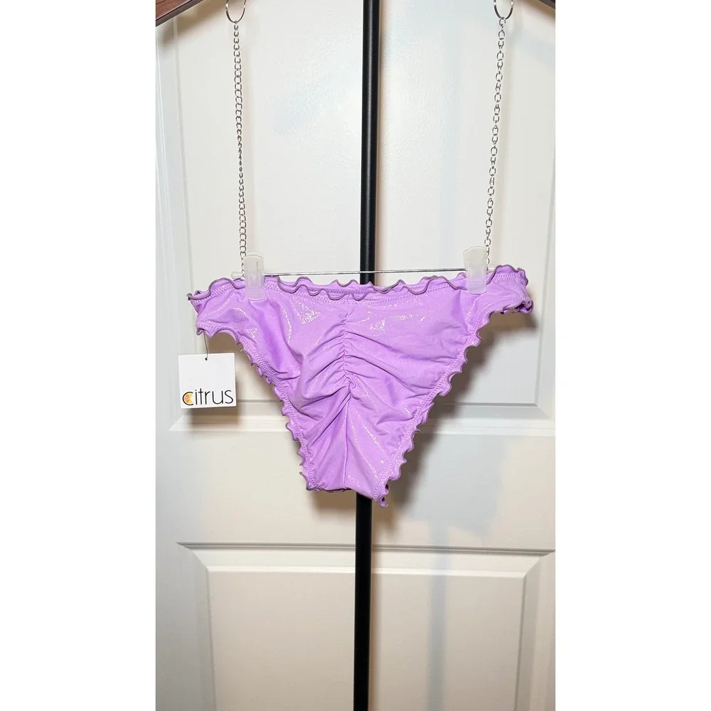 Citrus Purple Metallic Ruffle Ruched Back Bikini Bottom UPF 50+ Womens Large